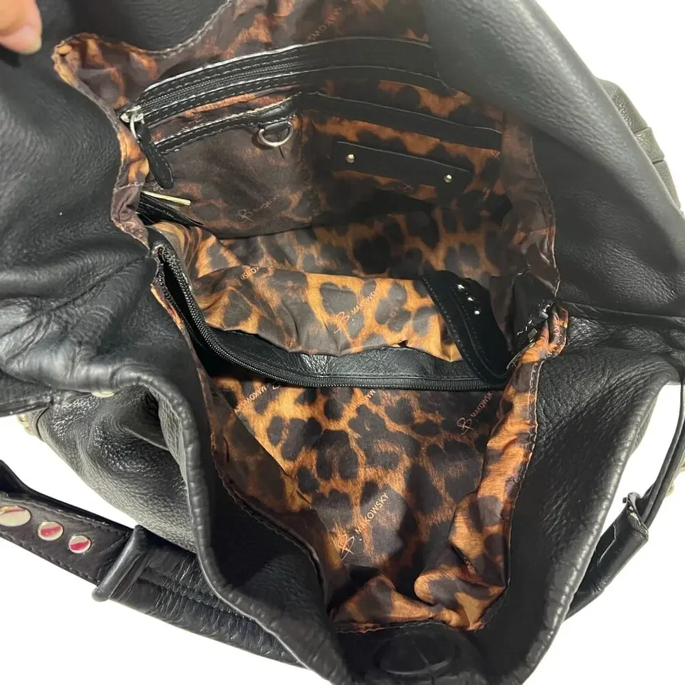 B. Makowsky Hobo Bag Purse Black Pebbled Leather Silver Studded Leopard Lining - Picture 6 of 11